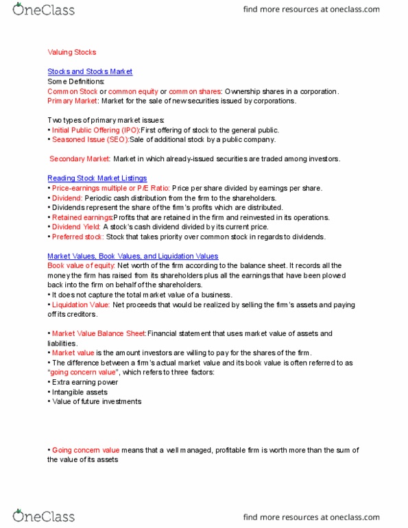 FINA 2700 Chapter Notes - Chapter 7: Initial Public Offering, Retained Earnings, Preferred Stock thumbnail