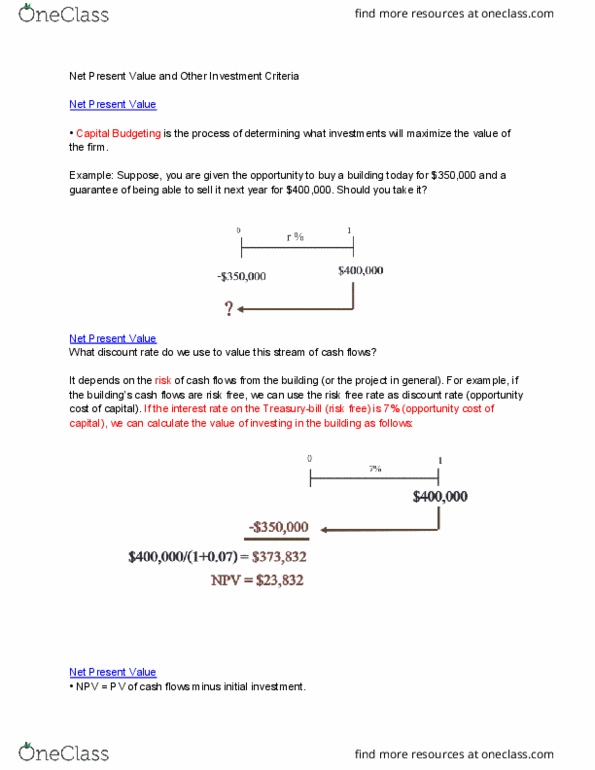 FINA 2700 Chapter Notes - Chapter 8: Net Present Value, Risk-Free Interest Rate, Cash Flow thumbnail