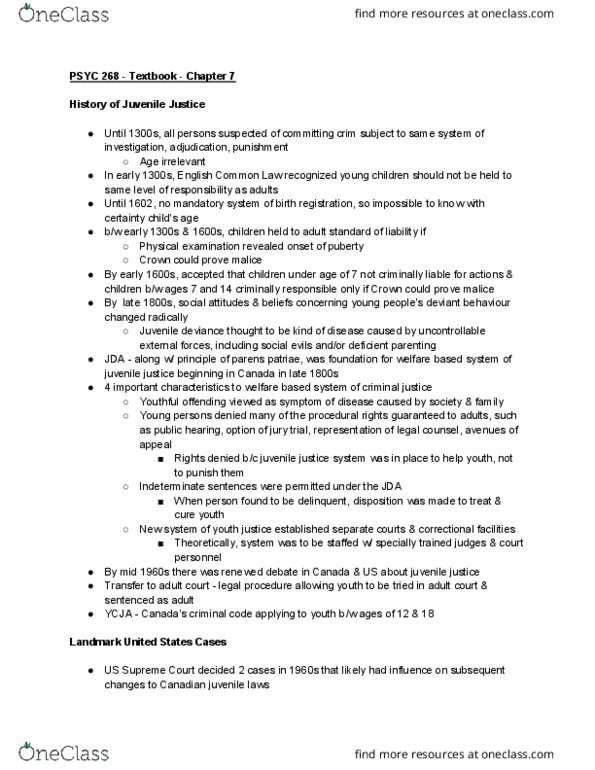 PSYC 268 Chapter Notes - Chapter 7: Parens Patriae, Juvenile Court, English Law thumbnail