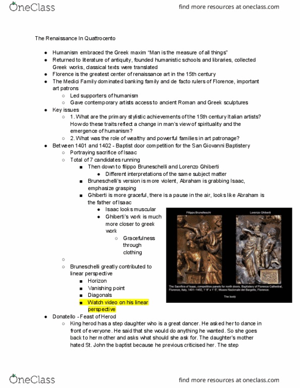 ARTH 222 Lecture Notes - Lecture 2: Lorenzo Ghiberti, Quattrocento, Vanishing Point thumbnail