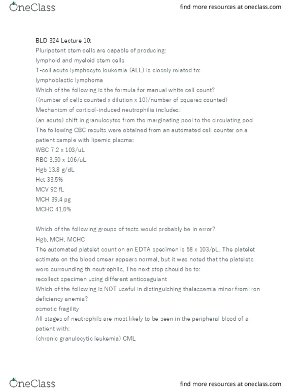 BLD 324 Lecture Notes - Lecture 10: Myeloid Leukemia, Iron-Deficiency Anemia, Erythrocyte Fragility thumbnail