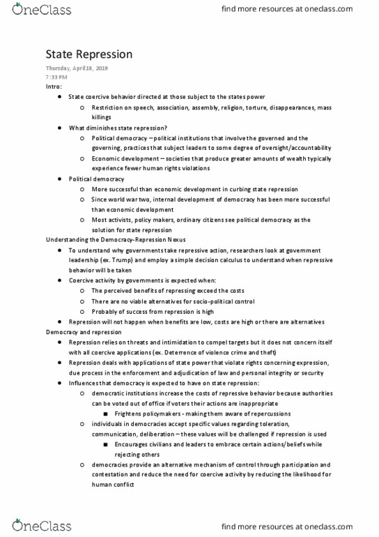 Political Science 3388E Chapter Notes - Chapter 1: White Supremacy, Democratic Peace Theory, Threshold Model thumbnail