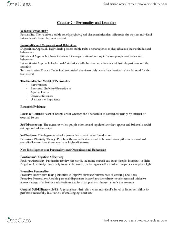 Management and Organizational Studies 2181A/B Chapter Notes - Chapter 2: Extraversion And Introversion, Conscientiousness thumbnail