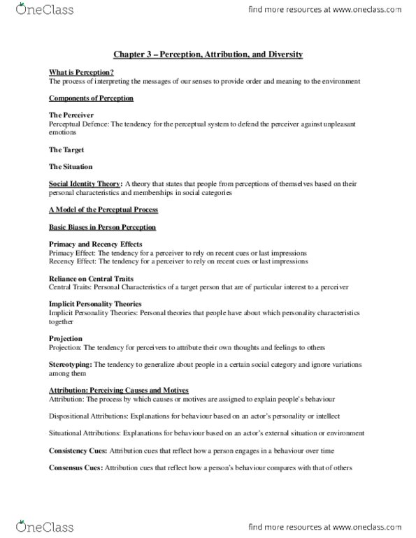 Management and Organizational Studies 2181A/B Chapter Notes - Chapter 3: Stereotype thumbnail
