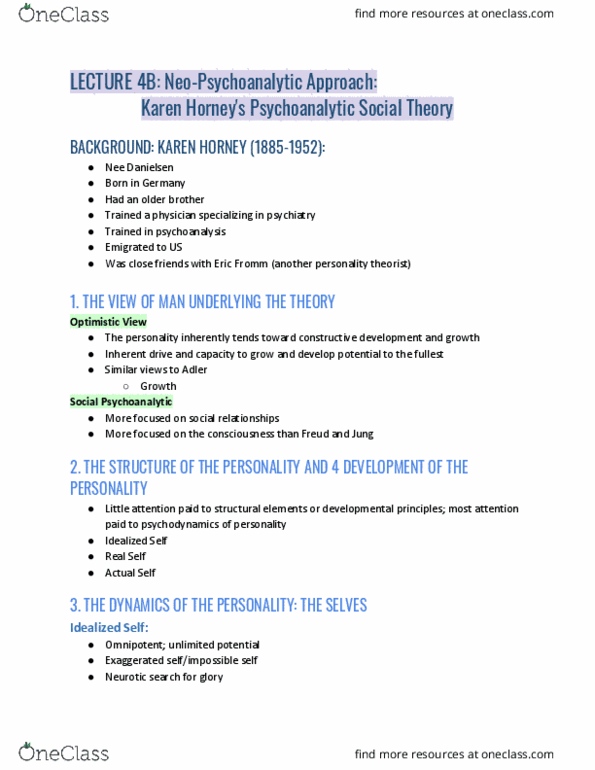 PSY 505 Lecture Notes - Lecture 4: Karen Horney, Eric Fromm, Psychodynamics thumbnail