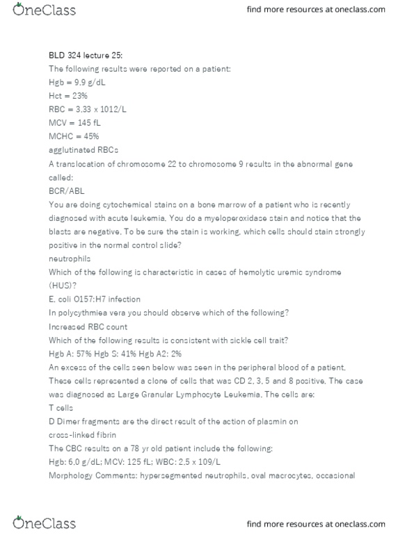 BLD 324 Lecture Notes - Lecture 25: Myeloperoxidase, Sickle-Cell Disease, Plasmin thumbnail