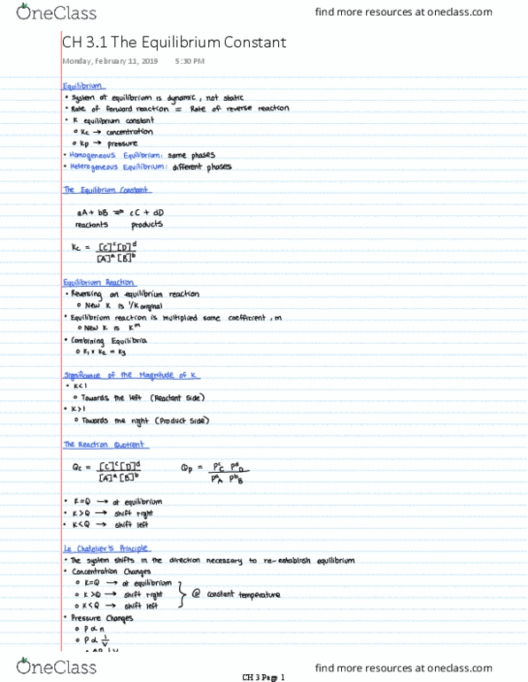 Chemistry 1302A/B Chapter 3: CH 3 Chemical Equilibrium thumbnail