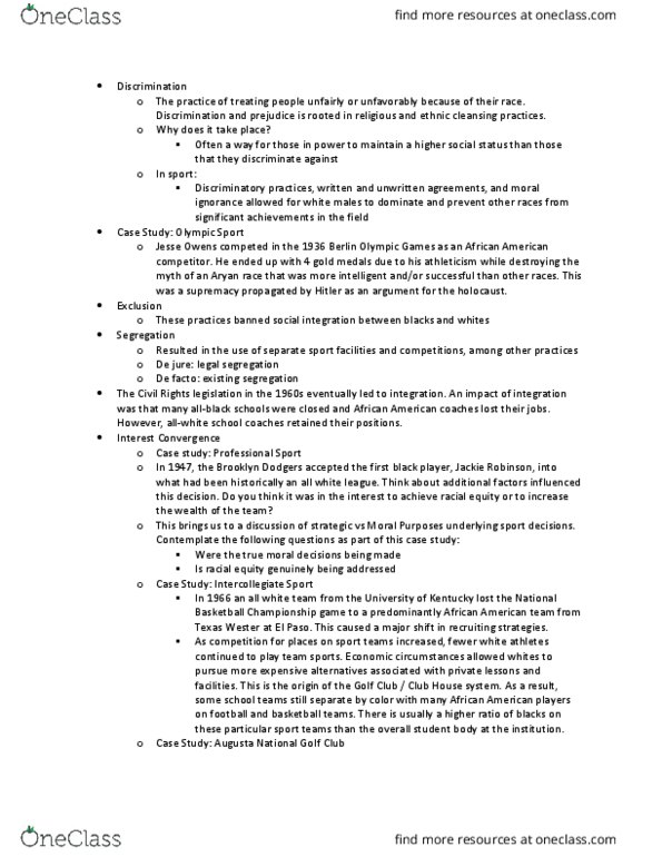 KINS 3415E Lecture Notes - Lecture 11: Augusta National Golf Club, 1936 Summer Olympics, Jesse Owens thumbnail