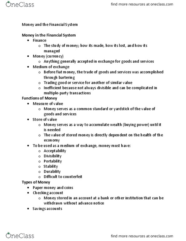 BUS 10123 Lecture Notes - Lecture 10: Fiat Money, Transaction Account, Savings Account thumbnail