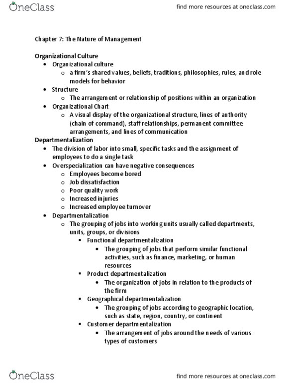 BUS 10123 Lecture Notes - Lecture 5: Departmentalization, Organizational Culture thumbnail