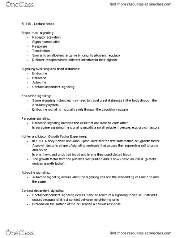 BI110 Lecture Notes - Lecture 8: Autocrine Signalling, Paracrine Signalling, Signal Transduction thumbnail