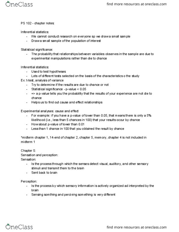 PS102 Chapter Notes - Chapter Part 3: Statistical Inference, Statistical Significance, Absolute Threshold thumbnail