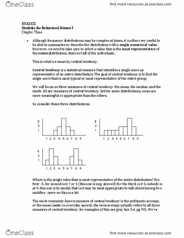 STA 2122 Chapter Notes - Chapter 3: Multimodal Distribution, Central Tendency, Frequency Distribution thumbnail