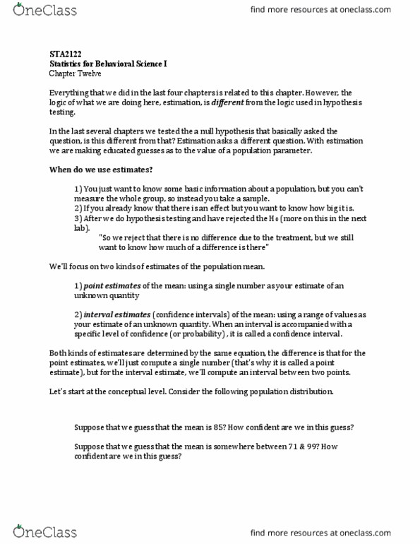 STA 2122 Chapter Notes - Chapter 12: Confidence Interval, Interval Estimation, Point Estimation thumbnail