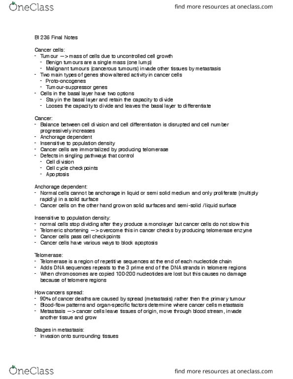 BI236 Lecture Notes - Lecture 1: Metastasis, Telomerase, Telomere thumbnail