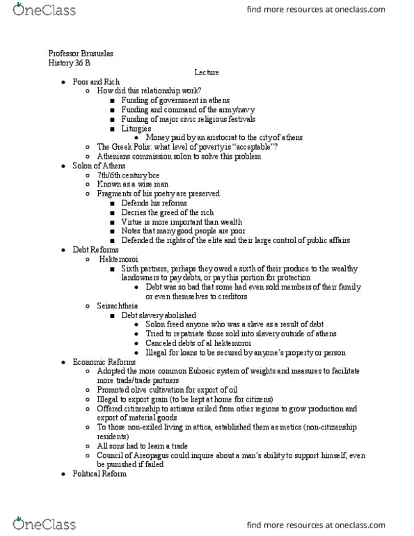 HISTORY 36B Lecture Notes - Lecture 26: Debt Bondage, Solonian Constitution, Hoplite thumbnail