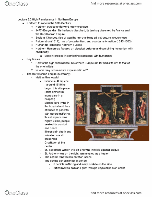ARTH 222 Lecture Notes - Lecture 6: Isenheim Altarpiece, Burgundian Netherlands, Northern Renaissance thumbnail