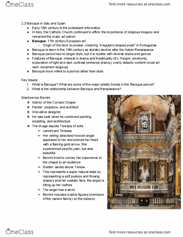ARTH 222 Lecture Notes - Lecture 7: Gian Lorenzo Bernini, Santa Maria Della Vittoria, Protestant Reformation thumbnail