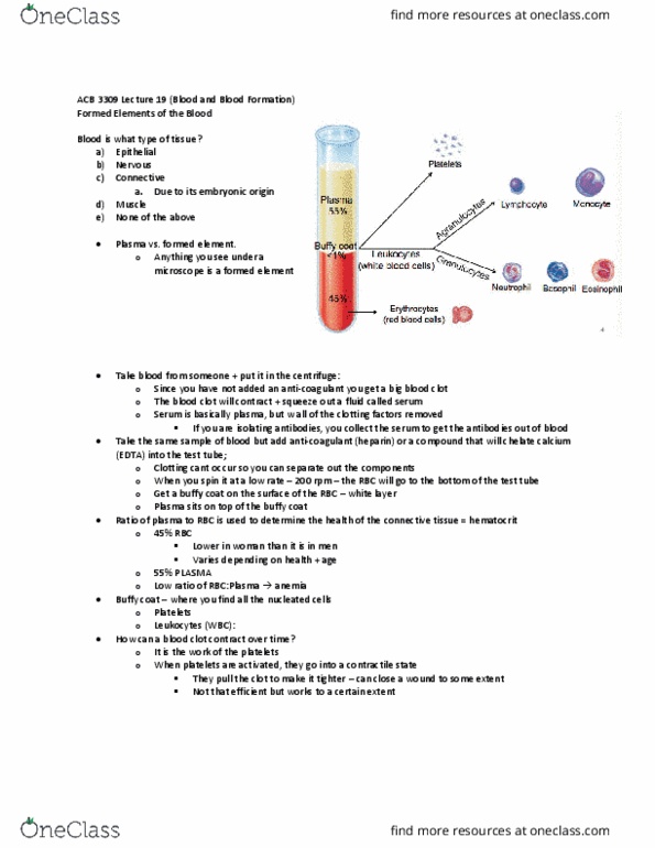 Anatomy and Cell Biology 3309 Lecture Notes - Buffy Coat, Blood Plasma, Anticoagulant thumbnail