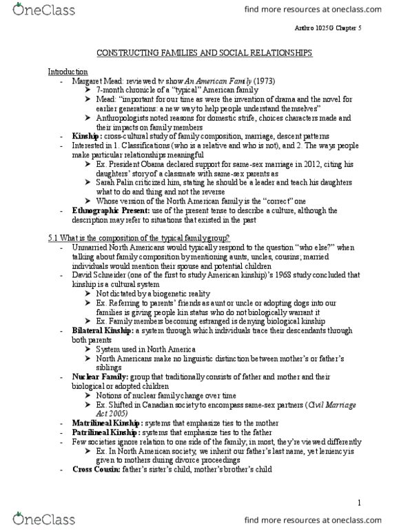 Anthropology 1025F/G Chapter Notes - Chapter 5: Civil Marriage Act, Sarah Palin, Margaret Mead thumbnail