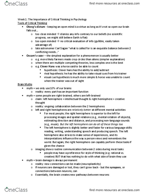 Psychology 2135 Lecture Notes - Lecture 1: Crop Circle, Mental Rotation, Neuroplasticity thumbnail