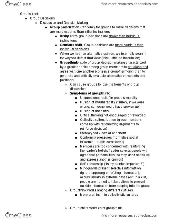 L33 Psych 315 Lecture Notes - Lecture 14: Group Polarization, Groupthink, Collectivism thumbnail