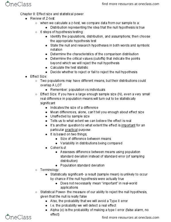 L33 Psych 300 Lecture Notes - Lecture 8: Type I And Type Ii Errors, Null Hypothesis, Statistical Power thumbnail