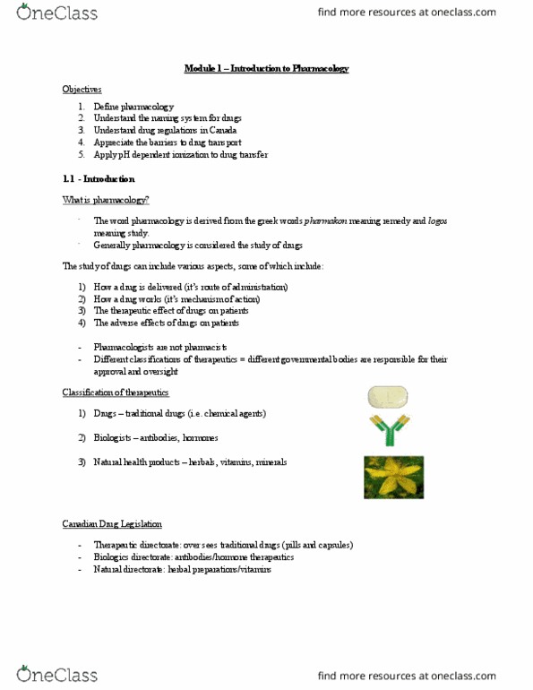 Pharmacology 2060A/B Lecture Notes - Lecture 1: Naturopathy, Pharmacology, Health Canada thumbnail