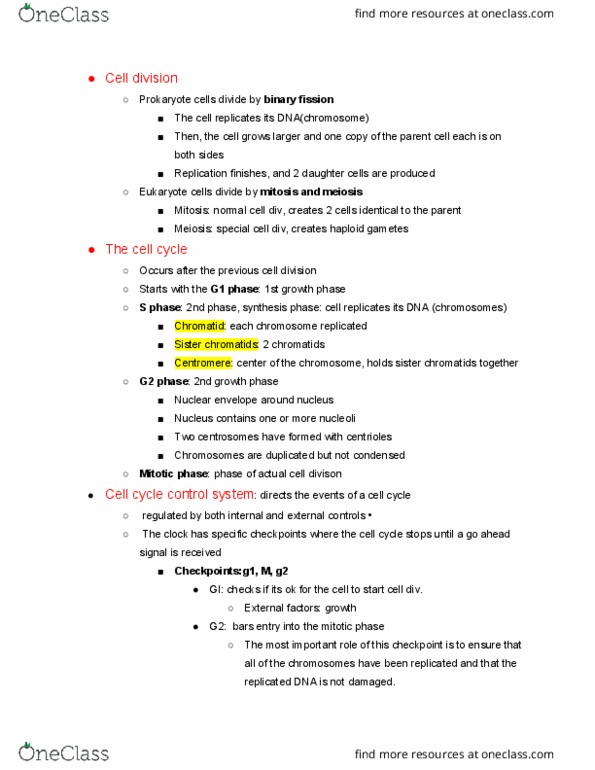 BIO 121 Lecture Notes - Lecture 6: Sister Chromatids, G2 Phase, Cell Cycle thumbnail