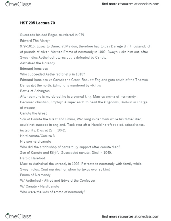 HST 205 Lecture Notes - Lecture 70: Harold Harefoot, Edward The Martyr, Danegeld thumbnail