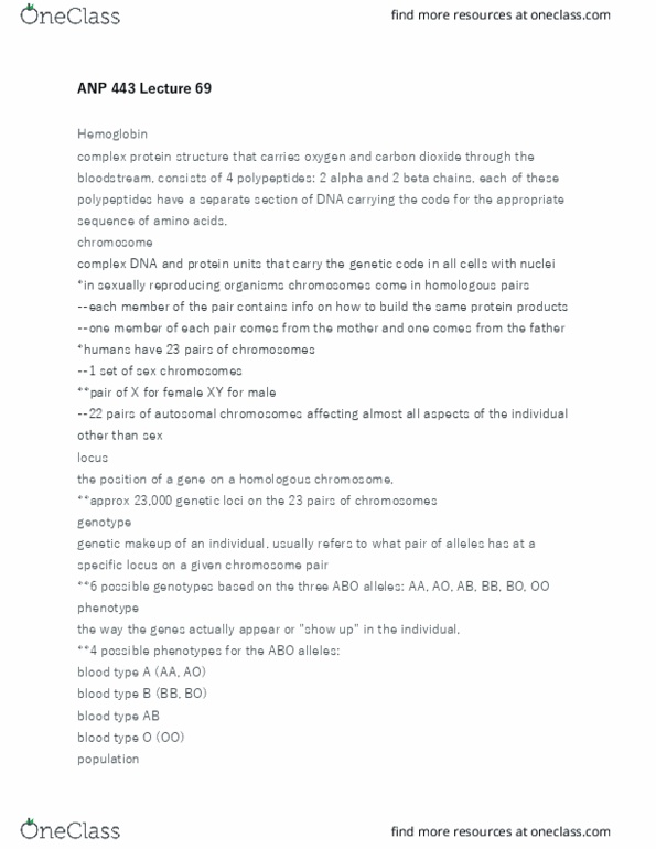 ANP 443 Lecture Notes - Lecture 69: Homologous Chromosome, Protein Structure, Chromosome thumbnail