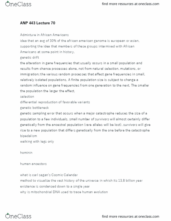 ANP 443 Lecture Notes - Lecture 70: Cosmic Calendar, Population Bottleneck, Genetic Drift thumbnail