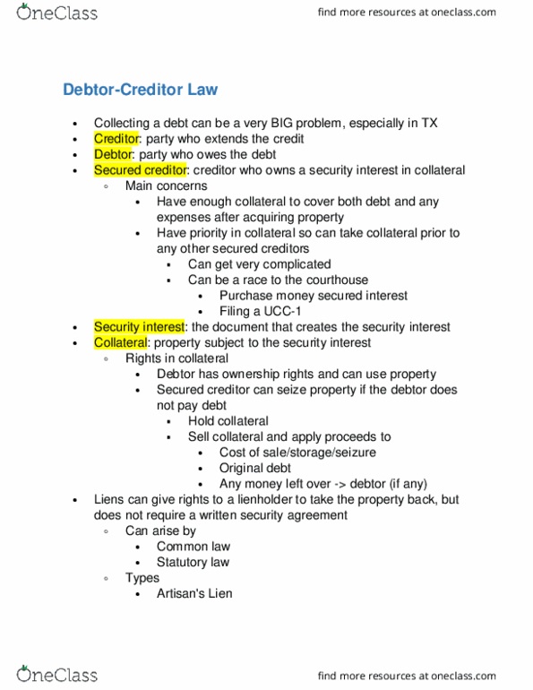 MGMT 209 Lecture Notes - Lecture 22: Secured Creditor, Security Interest, Statutory Law thumbnail