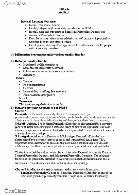 HNN222 Lecture Notes - Lecture 6: Schizotypal Personality Disorder, Antisocial Personality Disorder, Personality Disorder thumbnail