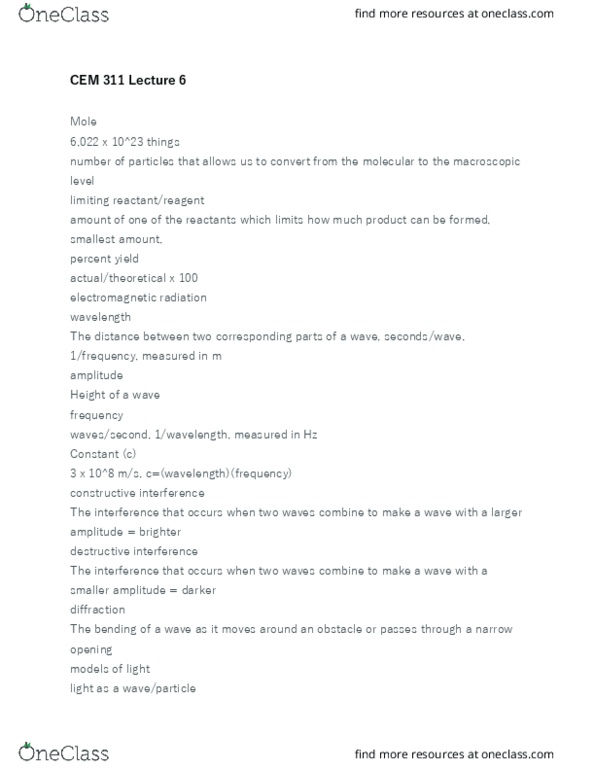 CEM 311 Lecture Notes - Lecture 6: Photon, Bohr Model, Emission Spectrum thumbnail