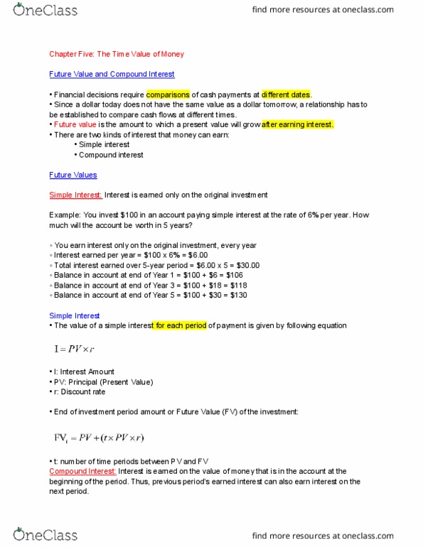 FINA 2700 Chapter Notes - Chapter 5: Interest, Compound Interest, Cash Flow thumbnail