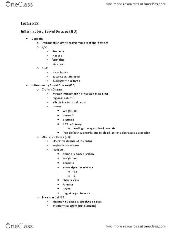 DIET 4360 Lecture Notes - Lecture 28: Inflammatory Bowel Disease, Megaloblastic Anemia, Ulcerative Colitis thumbnail