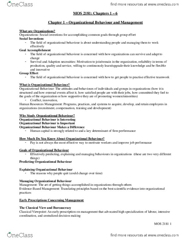 Management and Organizational Studies 2181A/B Chapter Notes - Chapter 1-6: Stereotype, Extraversion And Introversion, Telecommuting thumbnail