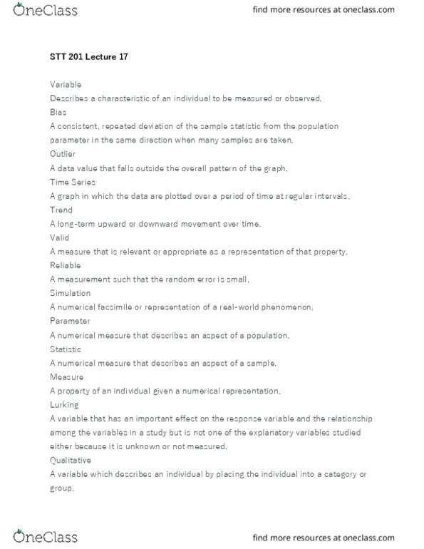 STT 201 Lecture Notes - Lecture 17: Statistical Parameter, Statistic, Dependent And Independent Variables thumbnail