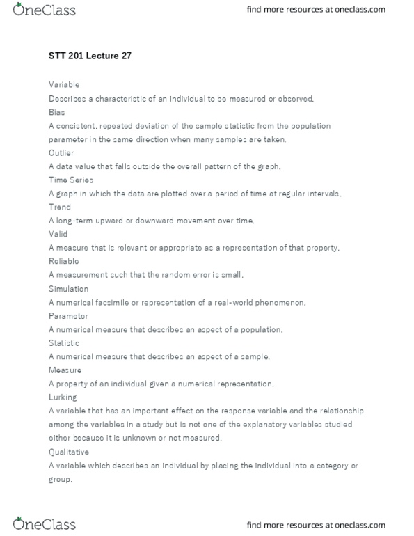 STT 201 Lecture Notes - Lecture 27: Statistical Parameter, Statistic, Dependent And Independent Variables thumbnail