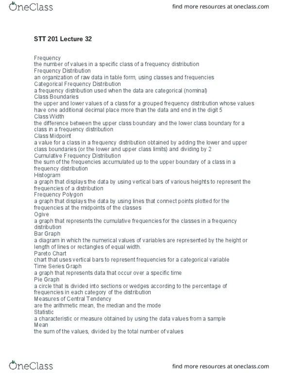 STT 201 Lecture Notes - Lecture 32: Frequency Distribution, Histogram, Ogive thumbnail