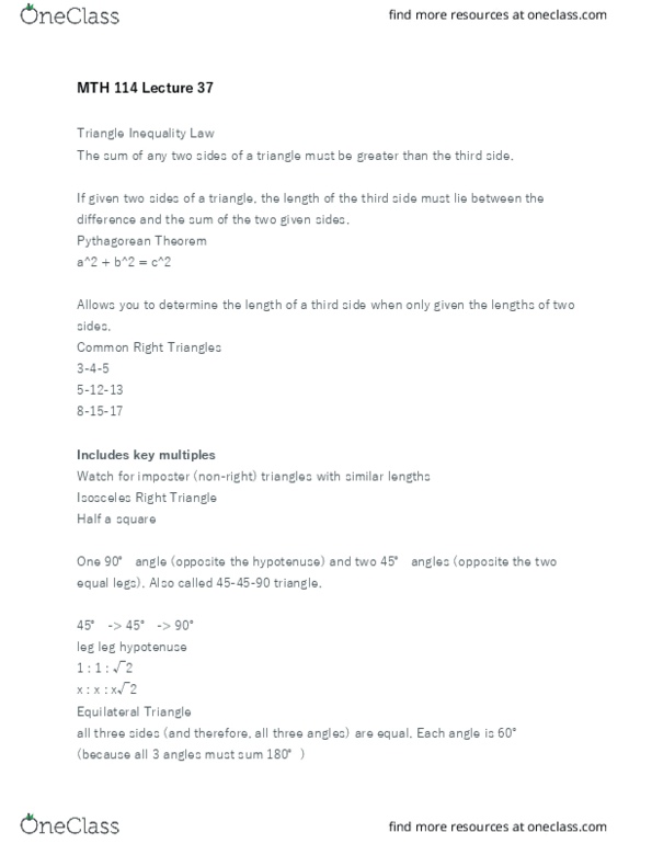 MTH 114 Lecture Notes - Lecture 37: Equilateral Triangle, Pythagorean Theorem, Triangle Inequality thumbnail