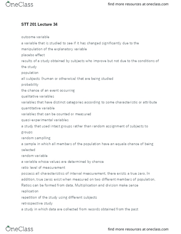 STT 201 Lecture Notes - Lecture 34: Dependent And Independent Variables, Random Variable, Random Assignment thumbnail