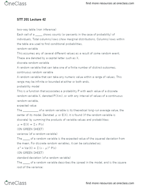 STT 201 Lecture Notes - Lecture 42: Random Variable, Probability Distribution, Standard Deviation thumbnail