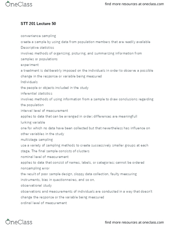 STT 201 Lecture Notes - Lecture 50: Non-Sampling Error, Multistage Sampling, Confounding thumbnail