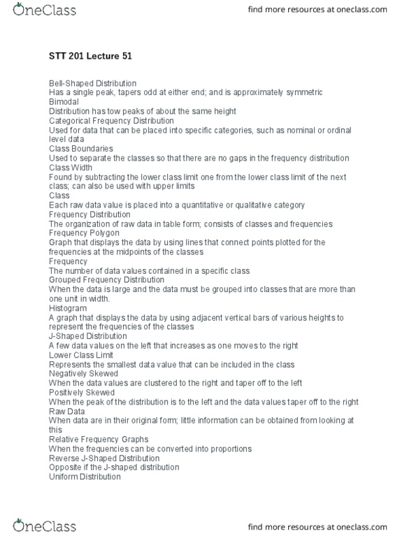 STT 201 Lecture Notes - Lecture 51: Frequency Distribution, Frequency (Statistics), Histogram thumbnail