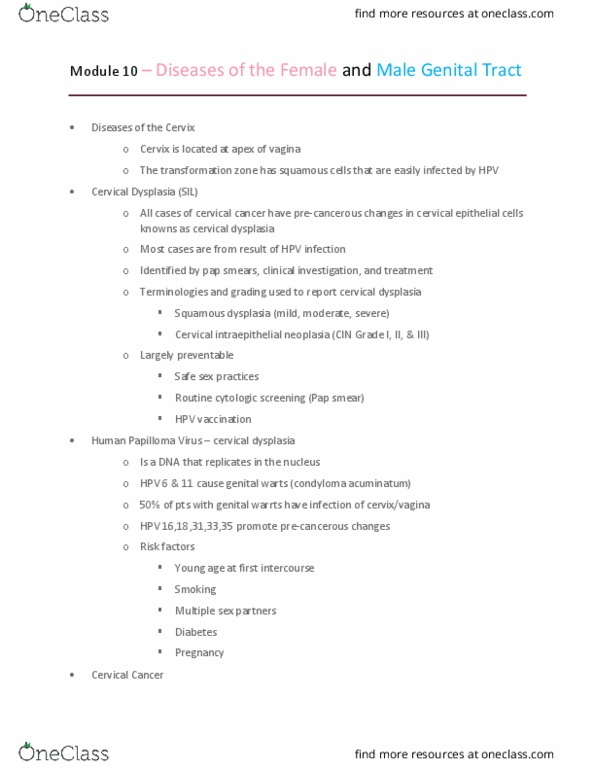 Pathology 2420A Lecture Notes - Lecture 10: Cervical Intraepithelial Neoplasia, Genital Wart, Pap Test thumbnail