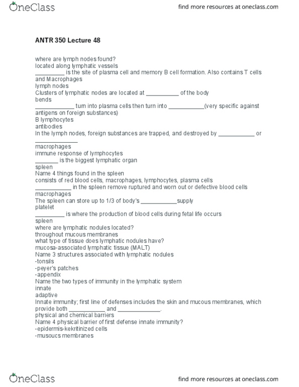 ANTR 350 Lecture Notes - Lecture 48: Memory B Cell, Innate Immune System, B Cell thumbnail