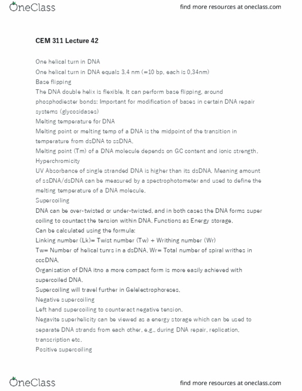 CEM 311 Lecture Notes - Lecture 42: Dna Supercoil, Linking Number, Gc-Content thumbnail