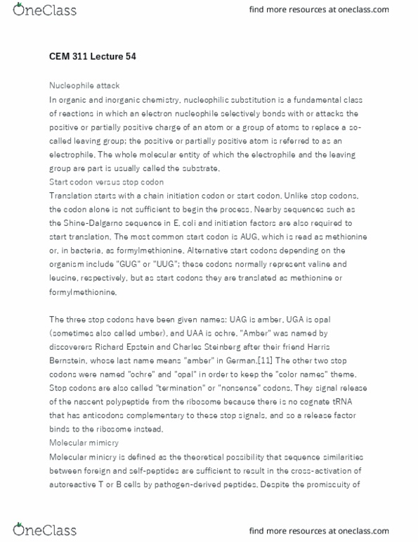 CEM 311 Lecture Notes - Lecture 54: Nucleophile, Leucine, Methionine thumbnail